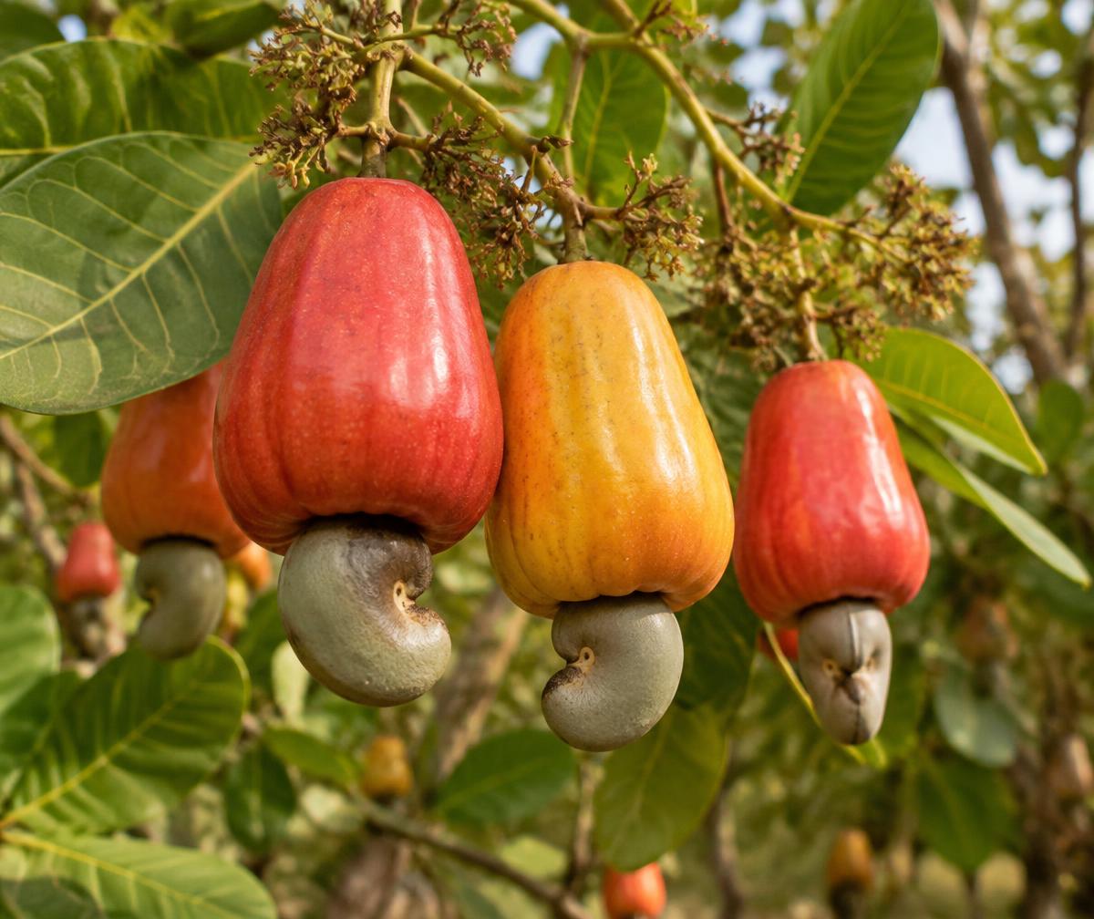 Red and yellow cashew apples on a tree