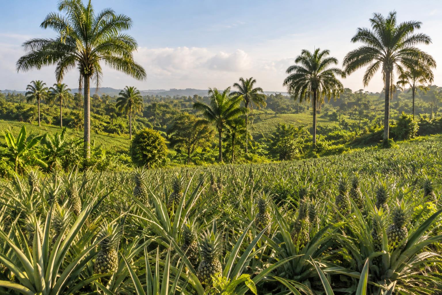 Illustrative tropical farmland with palms, pineapple plants and warm natural sunlight